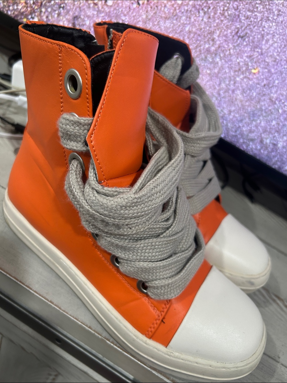 Unisex Orange and White High-Top Sneakers with Gray Laces